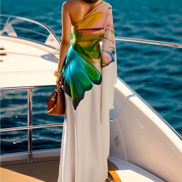 Butterfly 🦋 Effect Colorful One-Shoulder Maxi Dress - Picture 9 of 10